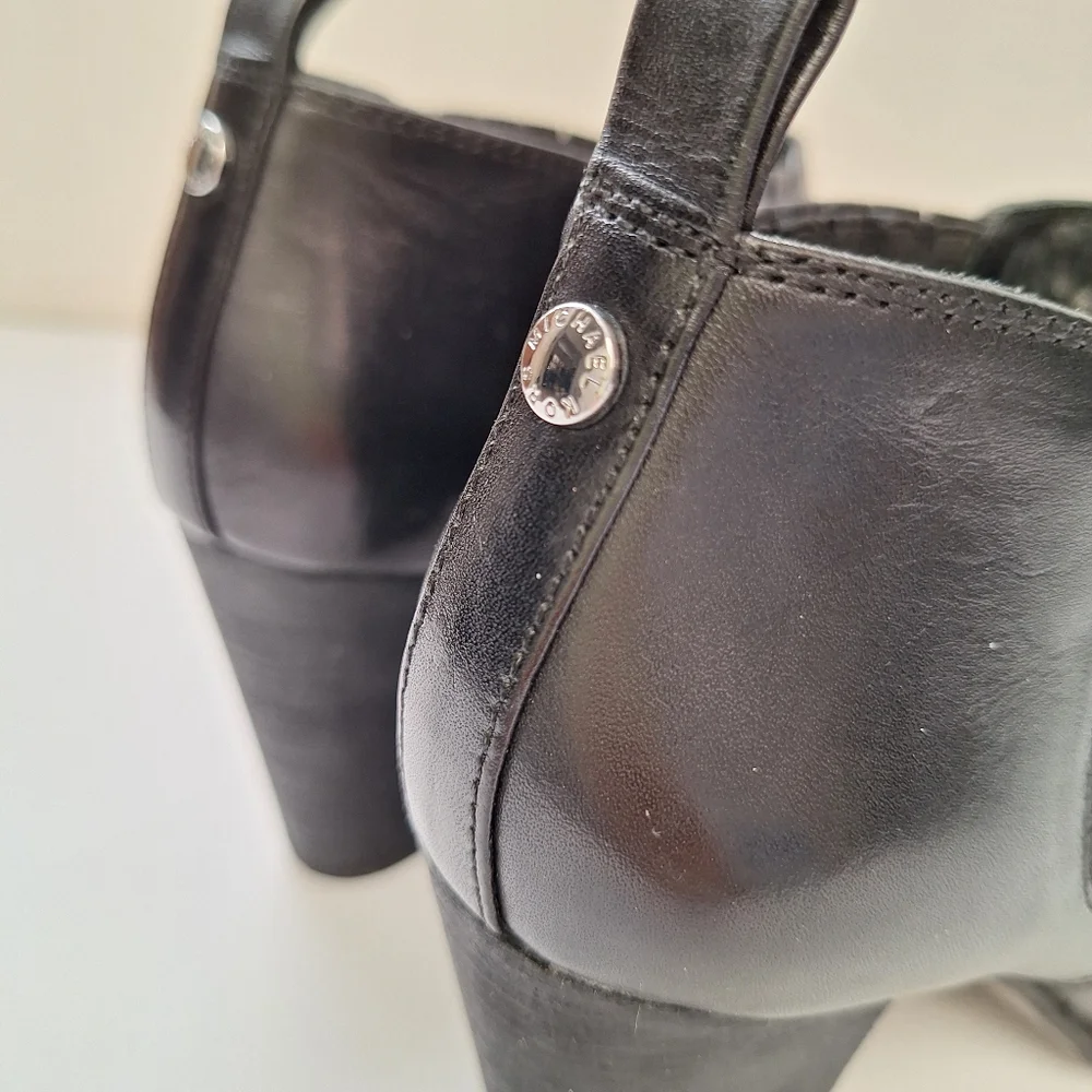 Michael Kors Leather Ankle Booties Pointed Block Heel Western Black Womens 6 NEW